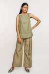Buy_Ott_Olive Green Linen Boat Neck Kantha Colourblock Top _Online_at_Aza_Fashions