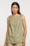 Buy_Ott_Olive Green Linen Boat Neck Kantha Colourblock Top _at_Aza_Fashions