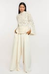 Ott_Ivory Chiffon, Polyester Embroidery High Neck Lattice Top _Online_at_Aza_Fashions