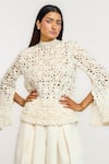 Buy_Ott_Ivory Chiffon, Polyester Embroidery High Neck Lattice Top _at_Aza_Fashions