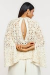 Shop_Ott_Ivory Chiffon, Polyester Embroidery High Neck Lattice Top _at_Aza_Fashions