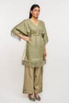 Ott Olive Green Linen Fringe V-neck Tunic Online at Aza Fashions Ott_Olive Green Linen Fringe V-neck Tunic _Online_at_Aza_Fashions