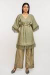 Buy Ott Olive Green Linen Fringe V-neck Tunic Online at Aza Fashions Buy_Ott_Olive Green Linen Fringe V-neck Tunic _Online_at_Aza_Fashions