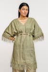 Buy Ott Olive Green Linen Fringe V-neck Tunic at Aza Fashions Buy_Ott_Olive Green Linen Fringe V-neck Tunic _at_Aza_Fashions