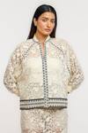 Buy_Ott_Off White Nylon Embroidery Mandarin Collar Bomber Jacket _at_Aza_Fashions