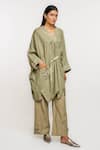 Ott_Olive Green Linen Embroidery V-neck Chikankari Tie - Up Tunic _Online_at_Aza_Fashions
