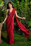 Buy_Aza X Shilpa Shetty Kundra_Red Viscose, Crepe Ruffles, Beads Pre-draped Saree With Embroidered Blouse _at_Aza_Fashions