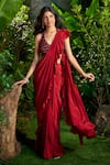 Buy_Aza X Shilpa Shetty Kundra_Red Viscose, Crepe Ruffles, Beads Pre-draped Saree With Embroidered Blouse _Online_at_Aza_Fashions