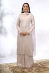 Samyukta Singhania_Gray Georgette Embroidery, Beads, Sequins Round Neck Floral Kurta Set _at_Aza_Fashions
