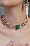 Shop_Joules By Radhika_Gold Plated Stones Leaf Aura Emerald Choker Set _at_Aza_Fashions