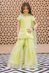 Buy_Fayon Kids_Lime Organza Embroidery Green Kurta Sharara Set _at_Aza_Fashions