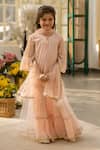 Buy_Fayon Kids_Peach Georgette, Net Embroidery, Sequins, Zari Floral Kurta Sharara Set _at_Aza_Fashions