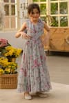 Buy_Fayon Kids_Green Chiffon Ruffles, Fabric Flowers Floral Print Dress _at_Aza_Fashions