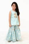 Buy_Fayon Kids_Aqua Cotton, Brocade Embroidery, Sequins, Zari Floral Kurta With Sharara _Online_at_Aza_Fashions