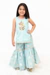 Buy_Fayon Kids_Aqua Cotton, Brocade Embroidery, Sequins, Zari Floral Kurta With Sharara _at_Aza_Fashions