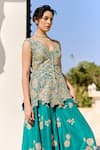 Osaa By Adarsh_Green Silk Embroidery, Zari V-neck Pine Peplum Top And Gharara Set _Online_at_Aza_Fashions