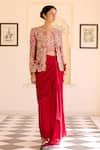 Buy_Osaa By Adarsh_Red Silk Embroidery, Zari Open , Scoop Cut Ruby Jacket And Draped Set _at_Aza_Fashions