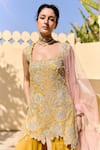 Osaa By Adarsh_Yellow Organza Embroidery, Zari, Sequins Embrodiered Short Kurta Sharara Set _Online_at_Aza_Fashions