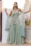 Buy_Osaa By Adarsh_Blue Silk Satin Embroidery, Zari Scoop Neck Sage Short Kurta Sharara Set _at_Aza_Fashions