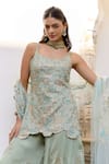 Shop_Osaa By Adarsh_Blue Silk Satin Embroidery, Zari Scoop Neck Sage Short Kurta Sharara Set _Online_at_Aza_Fashions