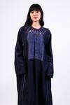Shop_AK-OK_Navy Silk Embroidery Split V-neck Shibori Kurta With Draped Trouser _Online_at_Aza_Fashions