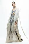 Buy_AK-OK_Ivory Silk V-neck Abstract Print Long Kurta And Flared Trouser Set _Online_at_Aza_Fashions