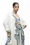 AK-OK_Ivory Silk V-neck Abstract Print Long Kurta And Flared Trouser Set _at_Aza_Fashions