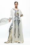 Buy_AK-OK_Ivory Silk V-neck Abstract Print Long Kurta And Flared Trouser Set _at_Aza_Fashions