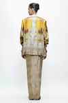 Shop_AK-OK_Ivory Silk Cowl Neck Printed Oversised Blazer And Knotted Skirt Set _at_Aza_Fashions