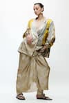 Buy_AK-OK_Ivory Silk Cowl Neck Printed Oversised Blazer And Knotted Skirt Set _at_Aza_Fashions