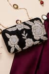 Buy_Nazaakat By Samara Singh_Black Beads, Crystals Floral Embroidered Clutch With Detachable Sling _at_Aza_Fashions