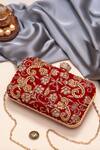 Buy_Nazaakat By Samara Singh_Red Embroidery, Beads, Rhinestones Floral Clutch With Detachable Sling _at_Aza_Fashions