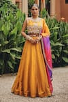 Buy_Ajiesh Oberoi_Mustard Silk, Organza Gota Patti, Mirrors, Embroidery, Heer Panelled Lehenga Set _at_Aza_Fashions