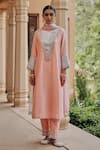 Buy_Ajiesh Oberoi_Peach Silk, Organza Mirrors, Gota Patti, Beads Noor-e-saheli Kurta Pant Set _Online_at_Aza_Fashions