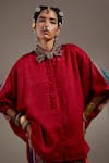 Aseem Kapoor_Red Crinkle, Silk Embroidery Collared Mandala Pattern Shirt _at_Aza_Fashions
