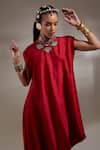 Buy_Aseem Kapoor_Red Crinkle, Silk Embroidery High Neck Rasa Drop Shoulder Dress _Online_at_Aza_Fashions