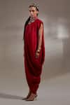 Aseem Kapoor_Red Crinkle, Silk Embroidery High Neck Rasa Drop Shoulder Dress _at_Aza_Fashions