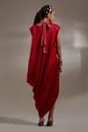 Shop_Aseem Kapoor_Red Crinkle, Silk Embroidery High Neck Rasa Drop Shoulder Dress _at_Aza_Fashions