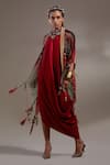 Buy_Aseem Kapoor_Red Crinkle Embroidery, Beads, Tassels Open Veni Pattern Jacket And Skirt Set _Online_at_Aza_Fashions