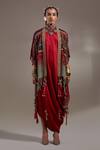 Buy_Aseem Kapoor_Red Crinkle Embroidery, Beads, Tassels Open Veni Pattern Jacket And Skirt Set 