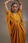 Shop_Aseem Kapoor_Yellow Crinkle Tassels, Embroidery V-neck Zia Trapeze Dress _Online_at_Aza_Fashions