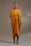 Buy_Aseem Kapoor_Yellow Crinkle Tassels, Embroidery V-neck Zia Trapeze Dress _at_Aza_Fashions
