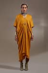 Aseem Kapoor_Yellow Crinkle Tassels, Embroidery V-neck Zia Trapeze Dress _at_Aza_Fashions