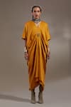 Aseem Kapoor_Yellow Embroidery, Beads, Tassels V-neck, Open Veni Pattern Jacket And Dress Set _Online_at_Aza_Fashions