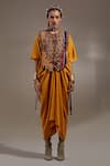 Shop_Aseem Kapoor_Yellow Silk Embroidery, Tassels, Beads V-neck, Zuri Gilet Jacket And Dress Set _at_Aza_Fashions