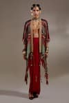 Buy_Aseem Kapoor_Red Silk, Cotton Tassels, Beads, Embroidery Veni Pattern Jacket And Skirt Set _at_Aza_Fashions