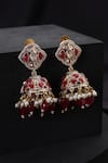 Shop_Swabhimann_Rose Gold Pearls, Stones Red Polki Jhumka Earrings _at_Aza_Fashions