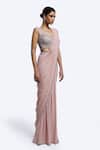 Shop_Onaya_Pink Lycra, Net Feathers, Pearls, Cut Embellished Blouse And Pre-draped Saree Set _Online_at_Aza_Fashions