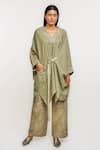 Buy_Ott_Olive Green Linen Embroidery V-neck Chikankari Tie - Up Tunic _at_Aza_Fashions