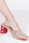 Sole House_Red Embroidery, Mirrors, Stones And Block Heel Mules _at_Aza_Fashions